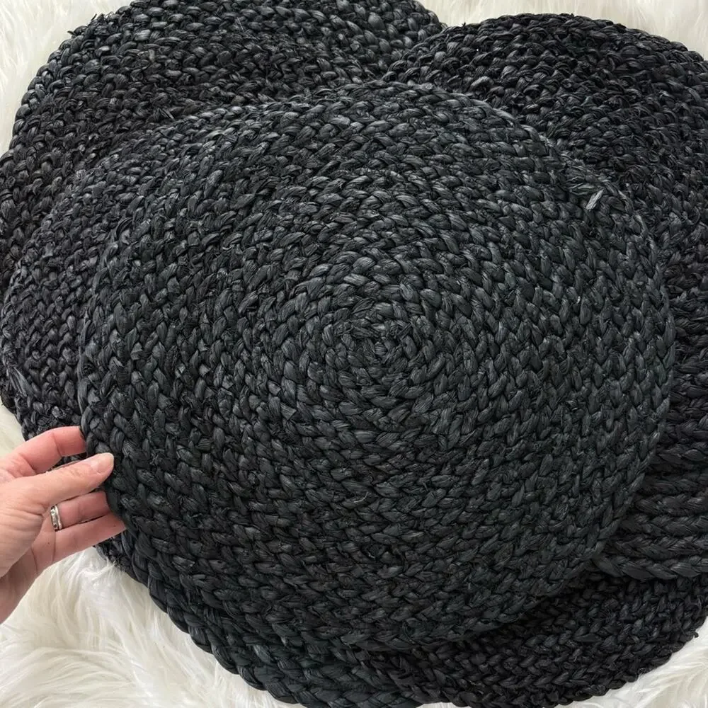 Unbranded Set of 8 Natural Jute Round Black Color Hand Braided Placemats Charger